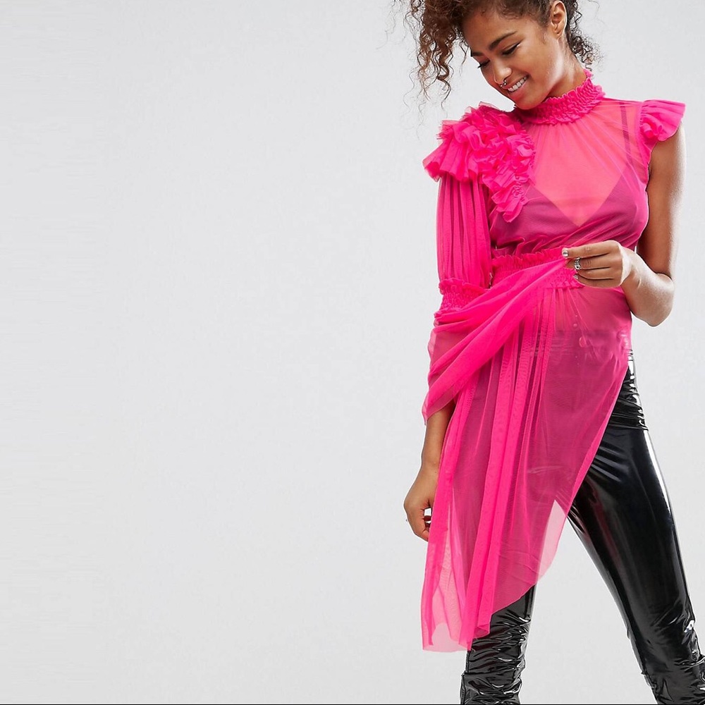 NWT Asymmetric High Neck Mesh One Sleeve Top